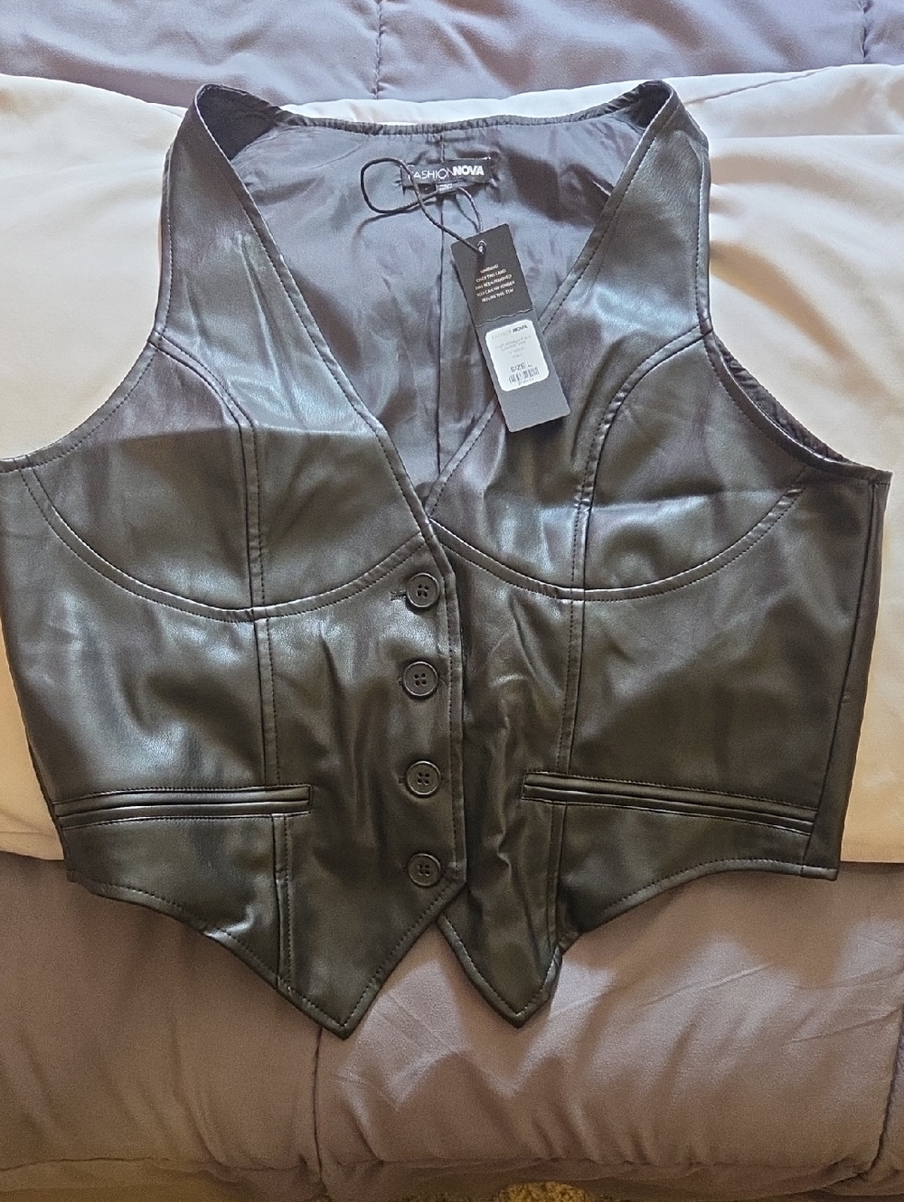 Fashion Nova Black Faux Leather V-Neck Vest